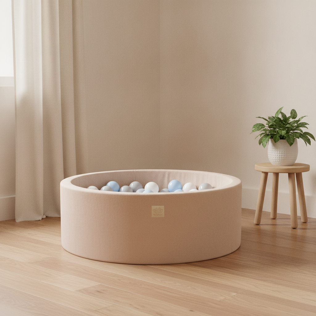 MeowBaby Ecru Ball Pit styled in a real home setting