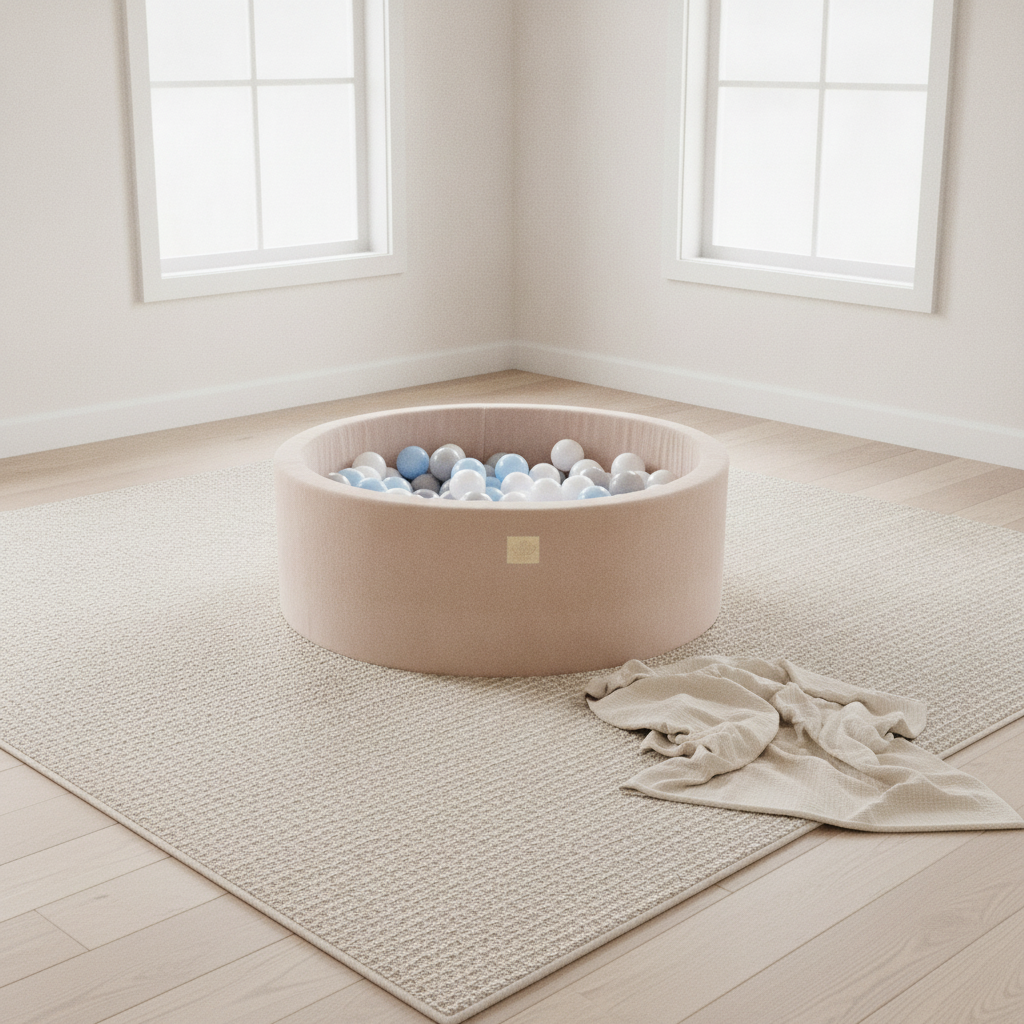 MeowBaby Ecru Round Velvet Ball Pit on a rug in a bright playroom
