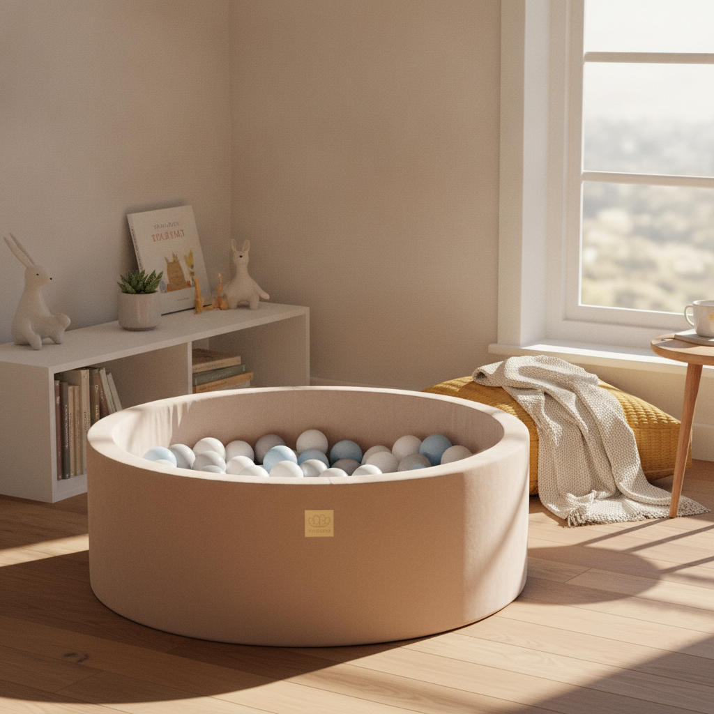 MeowBaby Ecru Ball Pit styled in a real home setting