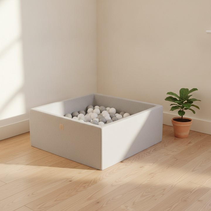 MeowBaby Light Grey Square Cotton Ball Pit in a Scandi nursery corner