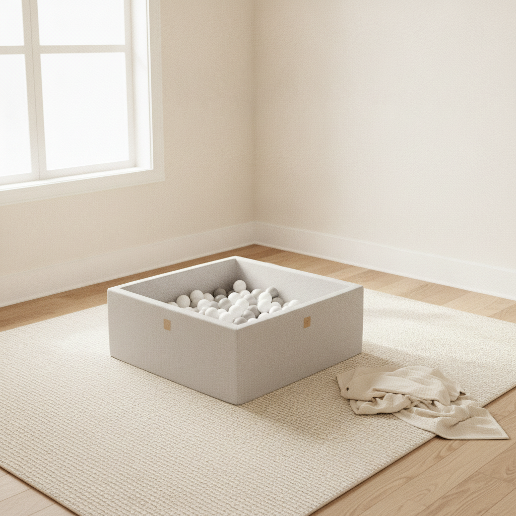MeowBaby Light Grey Ball Pit styled in a real home setting