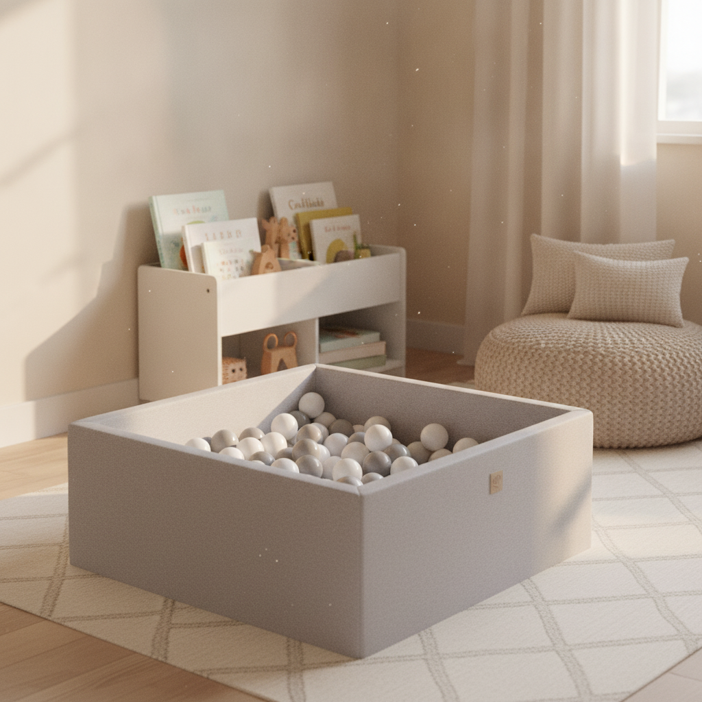 MeowBaby Light Grey Square Cotton Ball Pit in a cosy reading nook