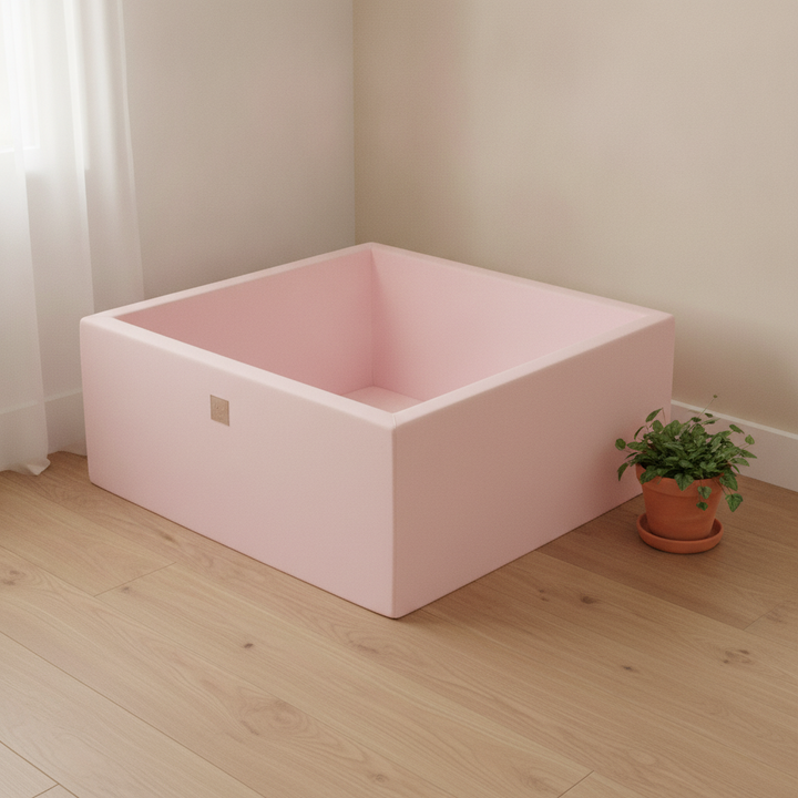 MeowBaby Powder Pink Square Cotton Ball Pit in a Scandi nursery corner