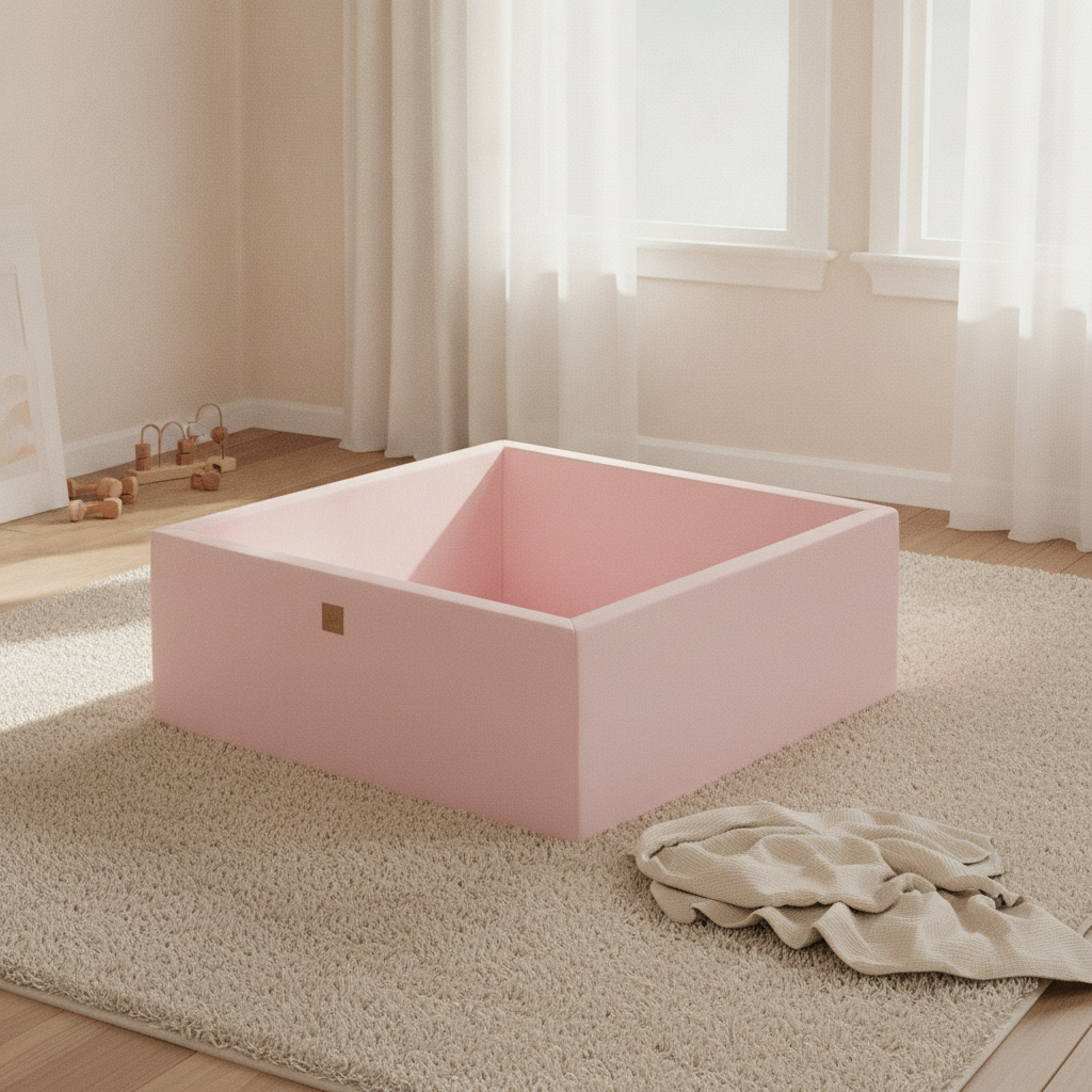 MeowBaby Powder Pink Ball Pit styled in a real home setting