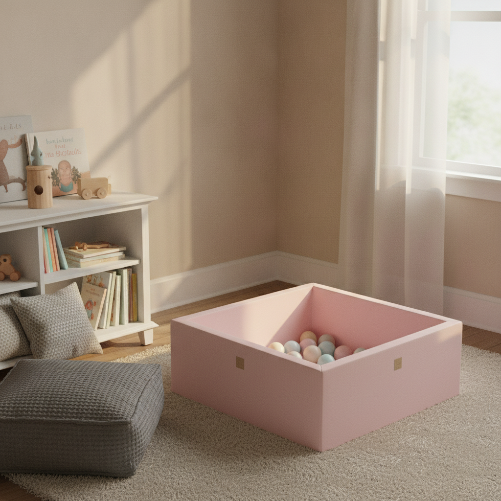 MeowBaby Powder Pink Ball Pit styled in a real home setting