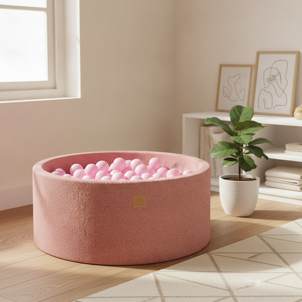 MeowBaby Boucle Pink Ball Pit styled in a real home setting