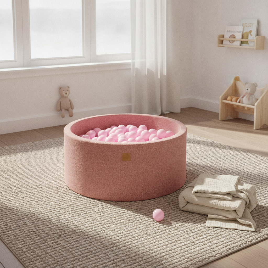 MeowBaby Boucle Pink Round Ball Pit on a rug in a bright playroom