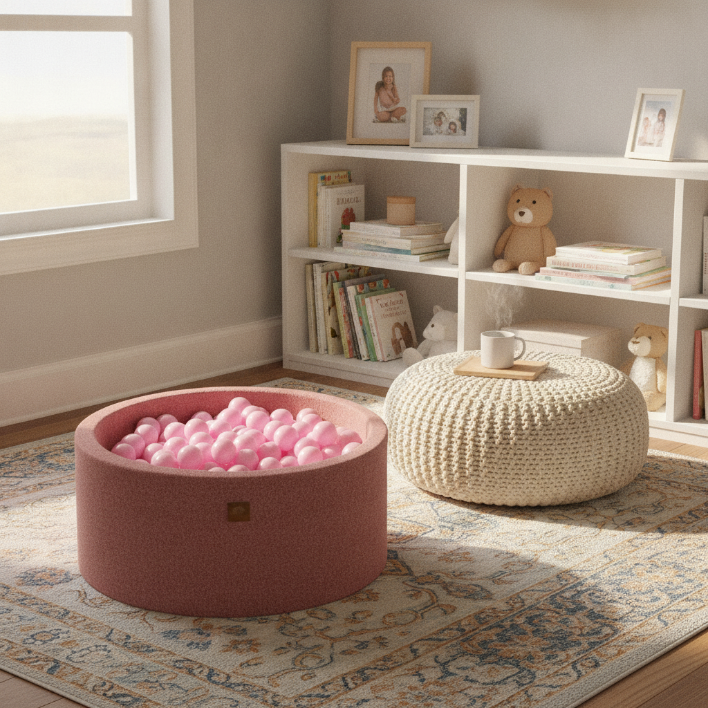 MeowBaby Boucle Pink Ball Pit styled in a real home setting