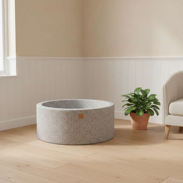 MeowBaby Boucle Marled Grey Round Ball Pit in a Scandi nursery corner