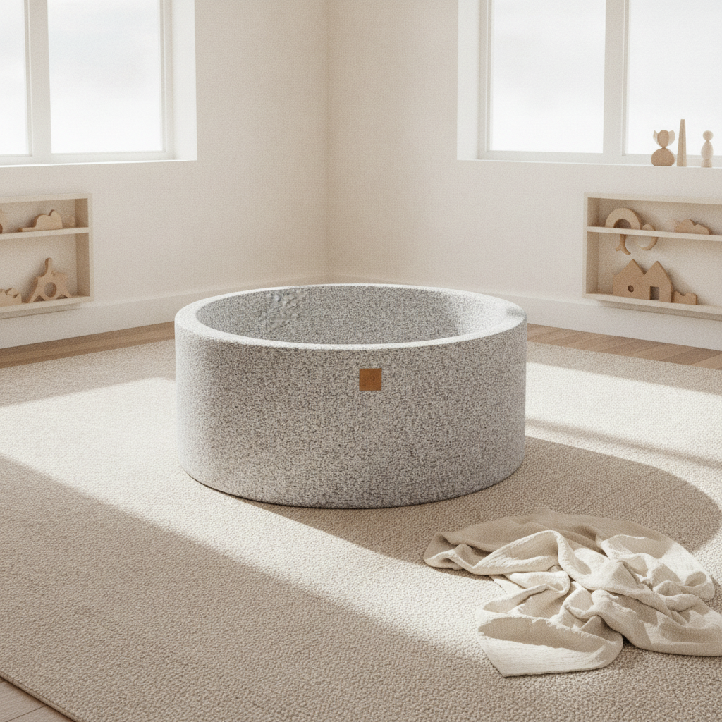 MeowBaby Boucle Marled Grey Round Ball Pit on a rug in a bright playroom
