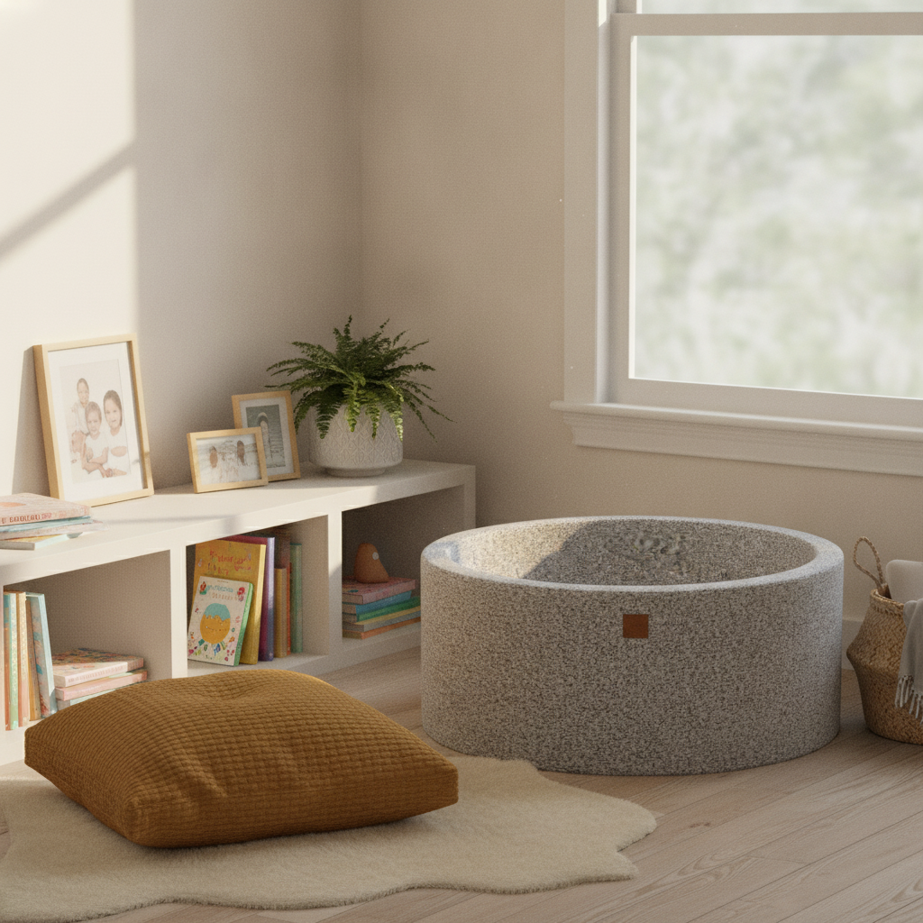 MeowBaby Boucle Marled Grey Round Ball Pit in a cosy reading nook
