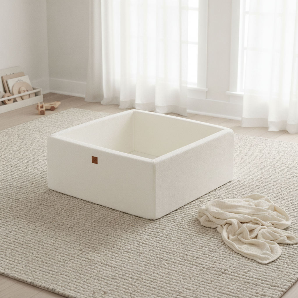 MeowBaby Boucle White Ball Pit styled in a real home setting