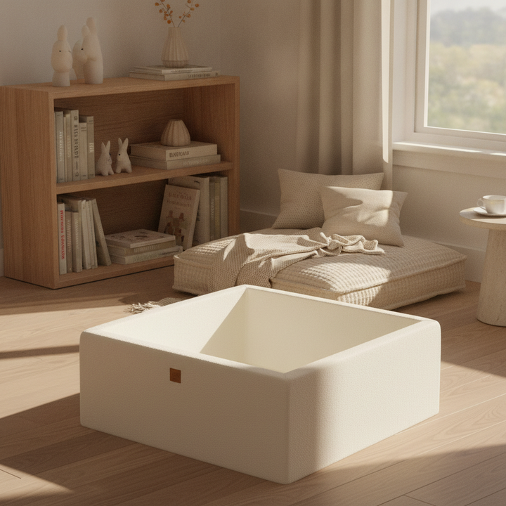 MeowBaby Boucle White Square Ball Pit in a cosy reading nook