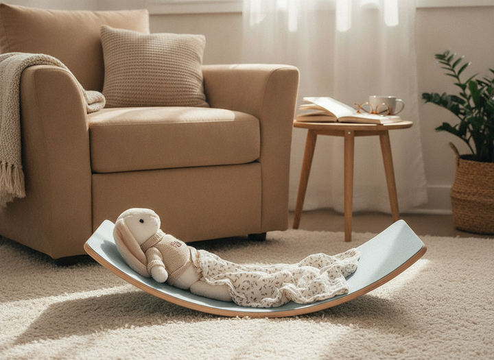 MeowBaby Wooden Balance Board in White with Light Blue felt, used upside down as a rocking cradle for a soft toy