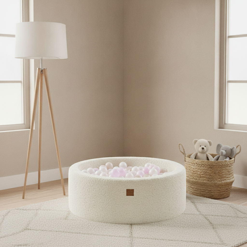 MeowBaby Creme Bearly round ball pit in a calm Scandinavian nursery corner