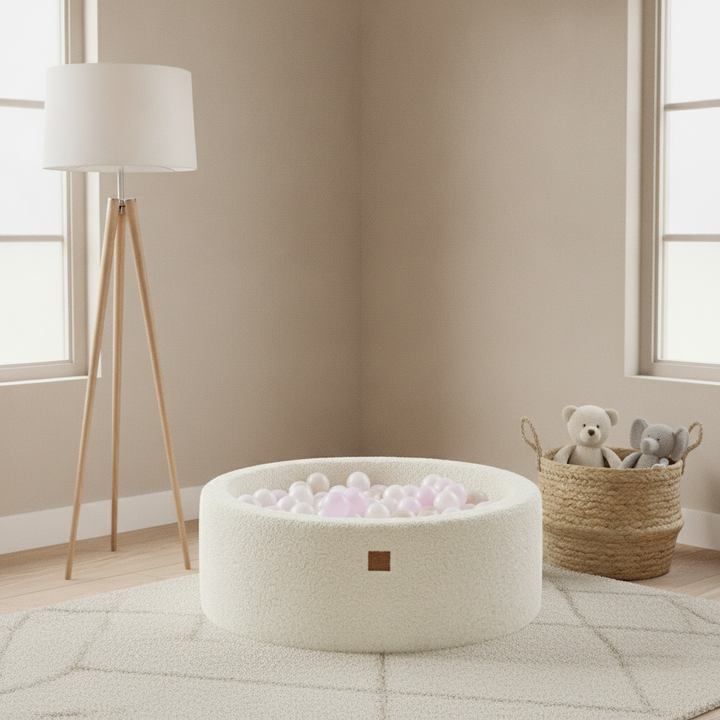 MeowBaby Creme Bearly round ball pit in a calm Scandinavian nursery corner