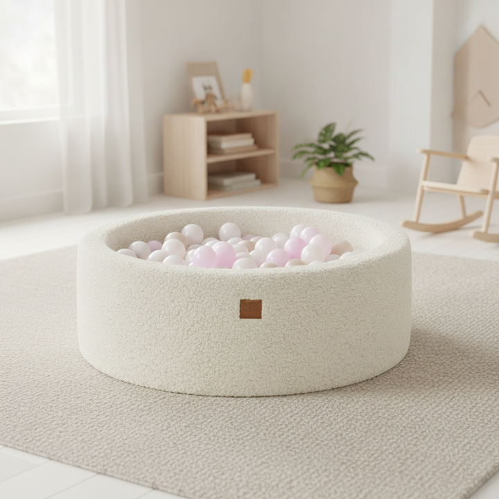 MeowBaby Creme Bearly round ball pit set on a rug in a bright playroom