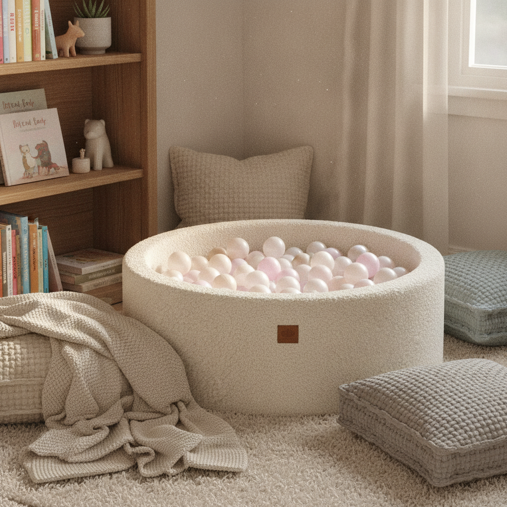 MeowBaby Creme Bearly round ball pit in a cosy reading nook