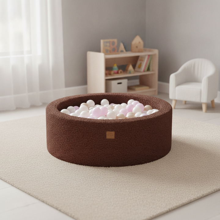 MeowBaby Dark Brown Bearly round ball pit set on a rug in a bright playroom