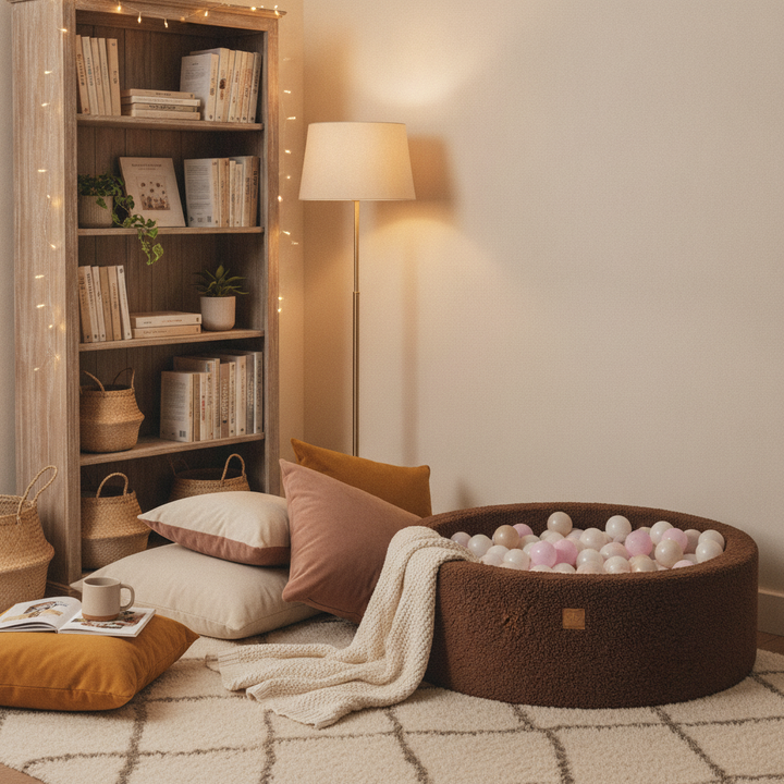 MeowBaby Dark Brown Bearly round ball pit in a cosy reading nook