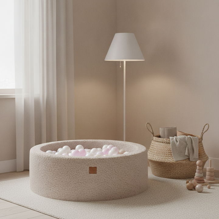 MeowBaby Light Grey Bearly round ball pit in a calm Scandinavian nursery corner