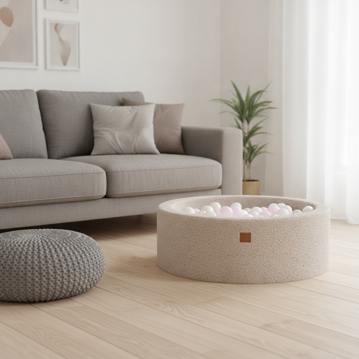 MeowBaby Light Grey Bearly round ball pit beside a sofa in a bright living room