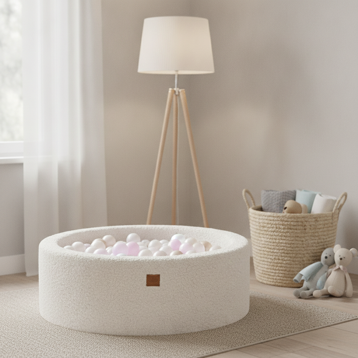 MeowBaby Off White Bearly round ball pit in a bright pale nursery corner