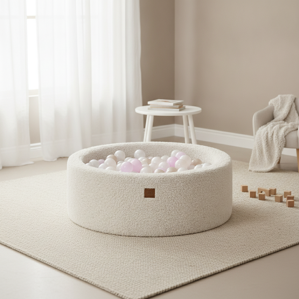 MeowBaby Off White Bearly round ball pit set on a rug in a bright playroom