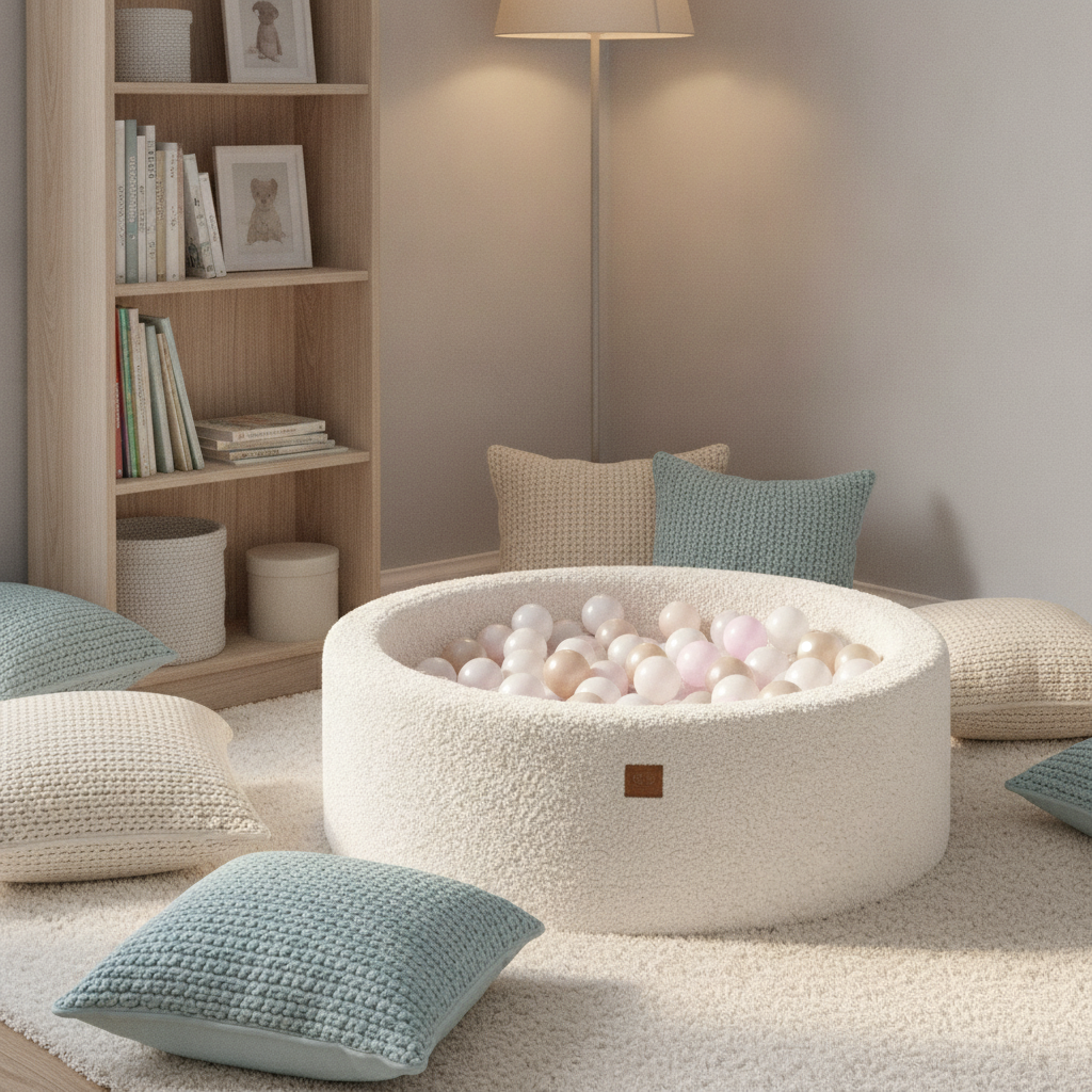 MeowBaby Off White Bearly round ball pit in a cosy reading nook