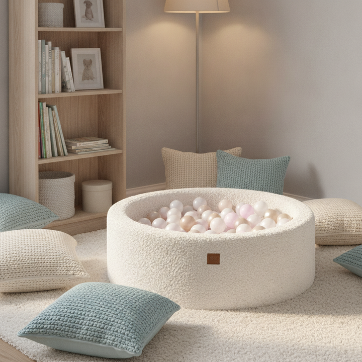 MeowBaby Off White Bearly round ball pit in a cosy reading nook