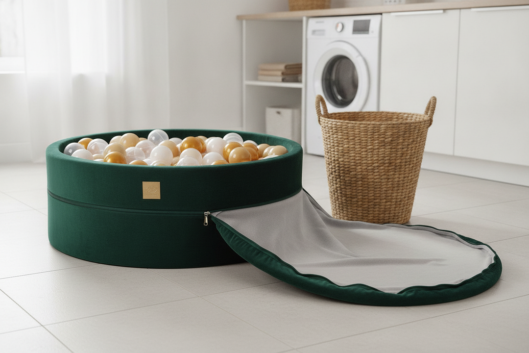 MeowBaby Dark Green Round Velvet Ball Pit with cover partially unzipped, showing washable design