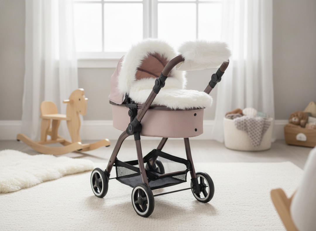 Roma Egg® Dolls Pram Fur Accessory Pack in White fitted onto a toy dolls pram, lifestyle scene in a bright nursery playroom