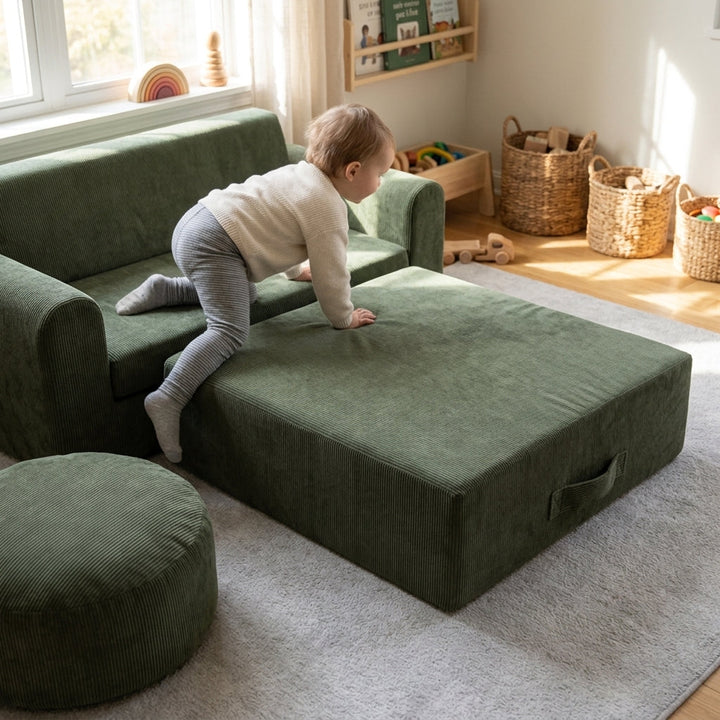 MeowBaby Slimcord Foam Trampoline styled alongside the matching Slimcord sofa and pouffe