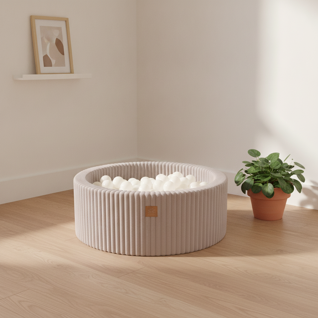 MeowBaby Pebble Beige Churros round ball pit in a Scandi nursery corner