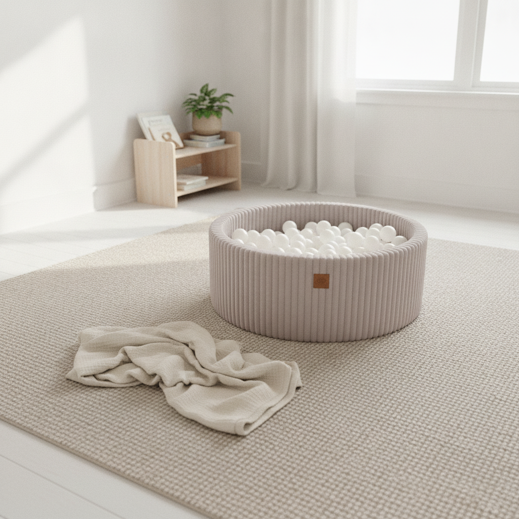 MeowBaby Pebble Beige Churros round ball pit on a rug in a bright playroom