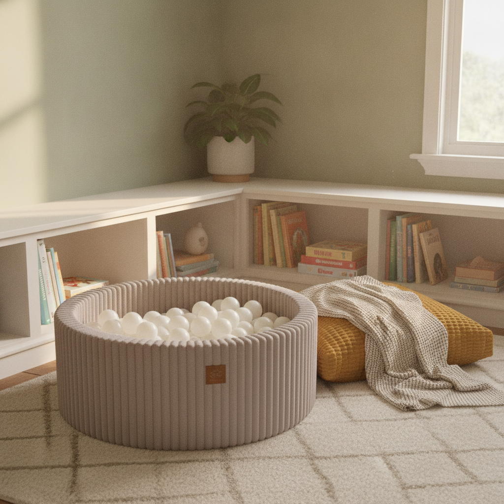 MeowBaby Pebble Beige Churros round ball pit styled in a real home setting