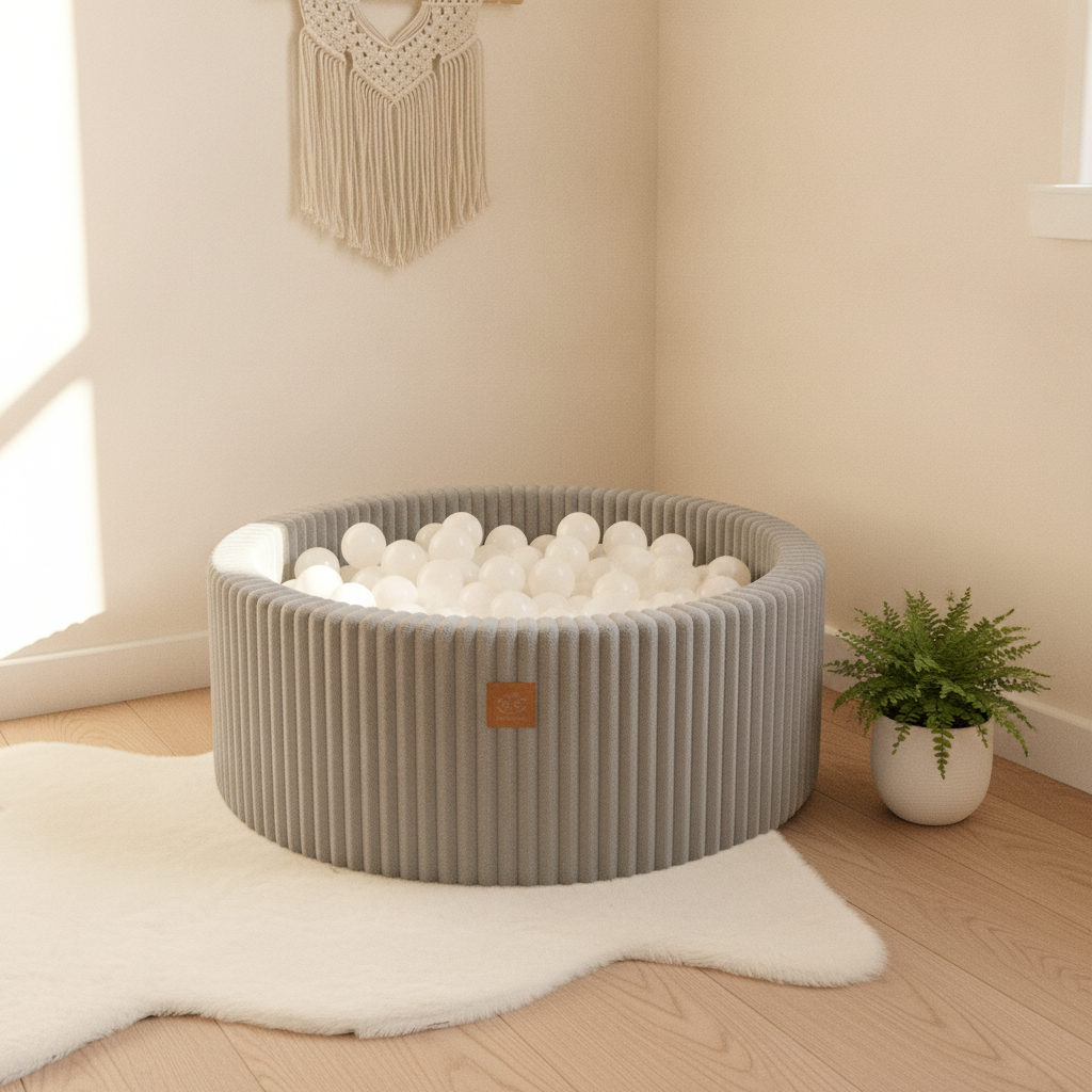 MeowBaby Moon Dust Grey Churros round ball pit in a Scandi nursery corner