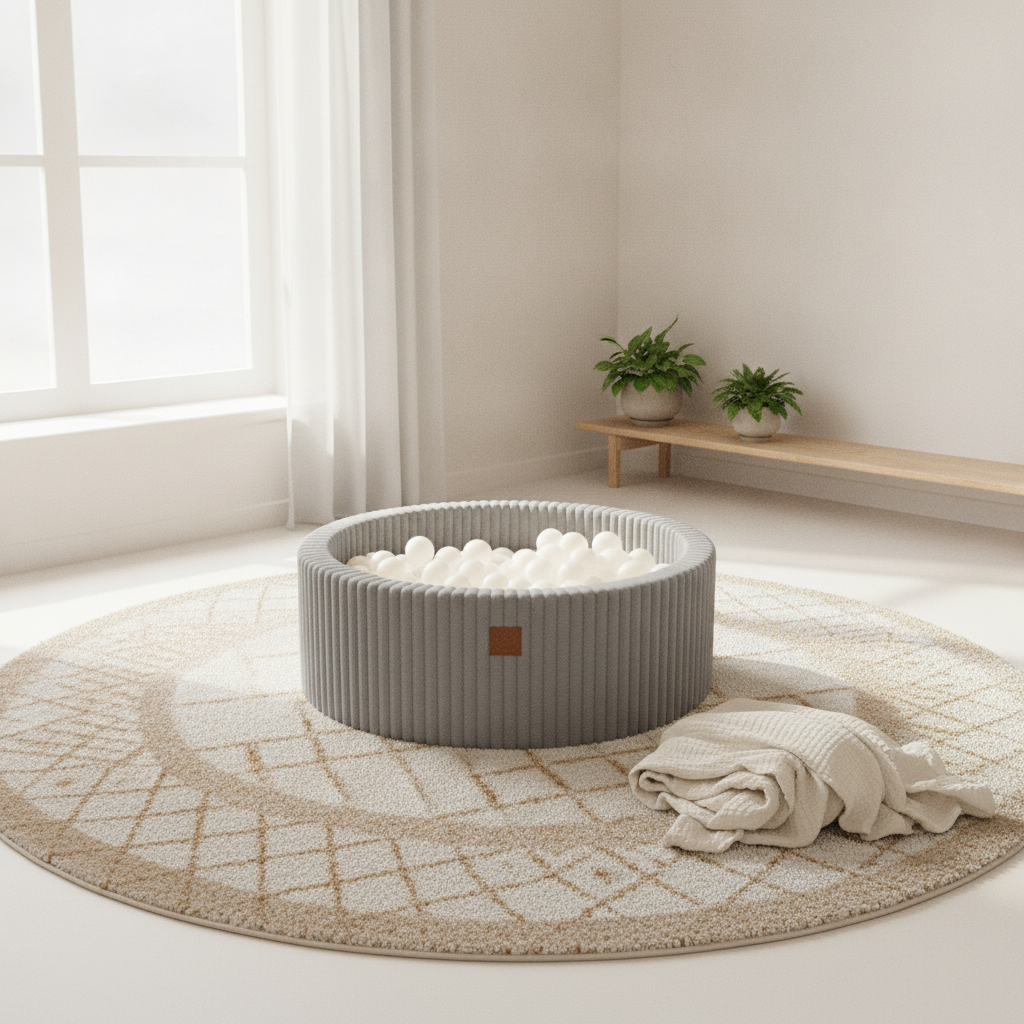 MeowBaby Moon Dust Grey Churros round ball pit on a rug in a bright playroom