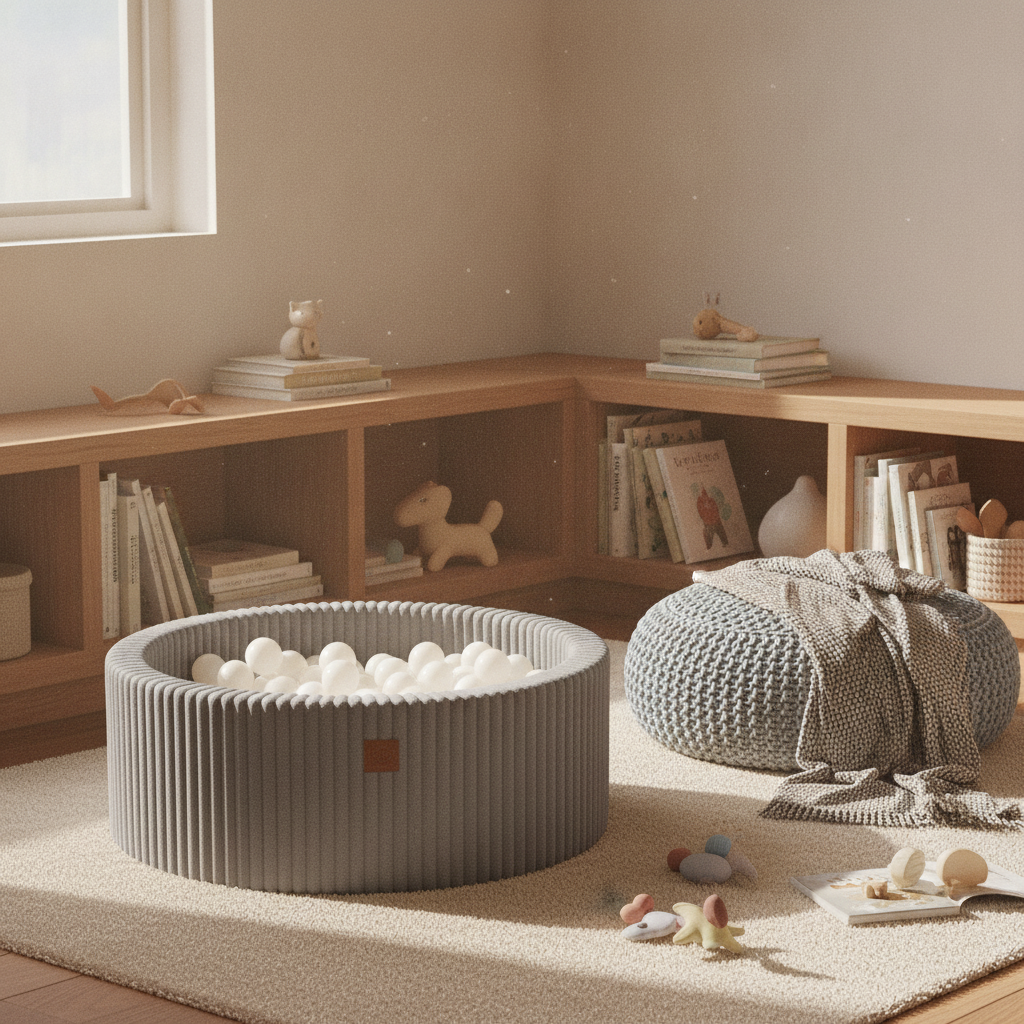 MeowBaby Moon Dust Grey Churros round ball pit styled in a real home setting