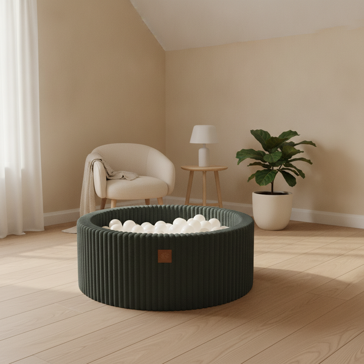 MeowBaby Pine Forest Green Churros round ball pit in a Scandi nursery corner