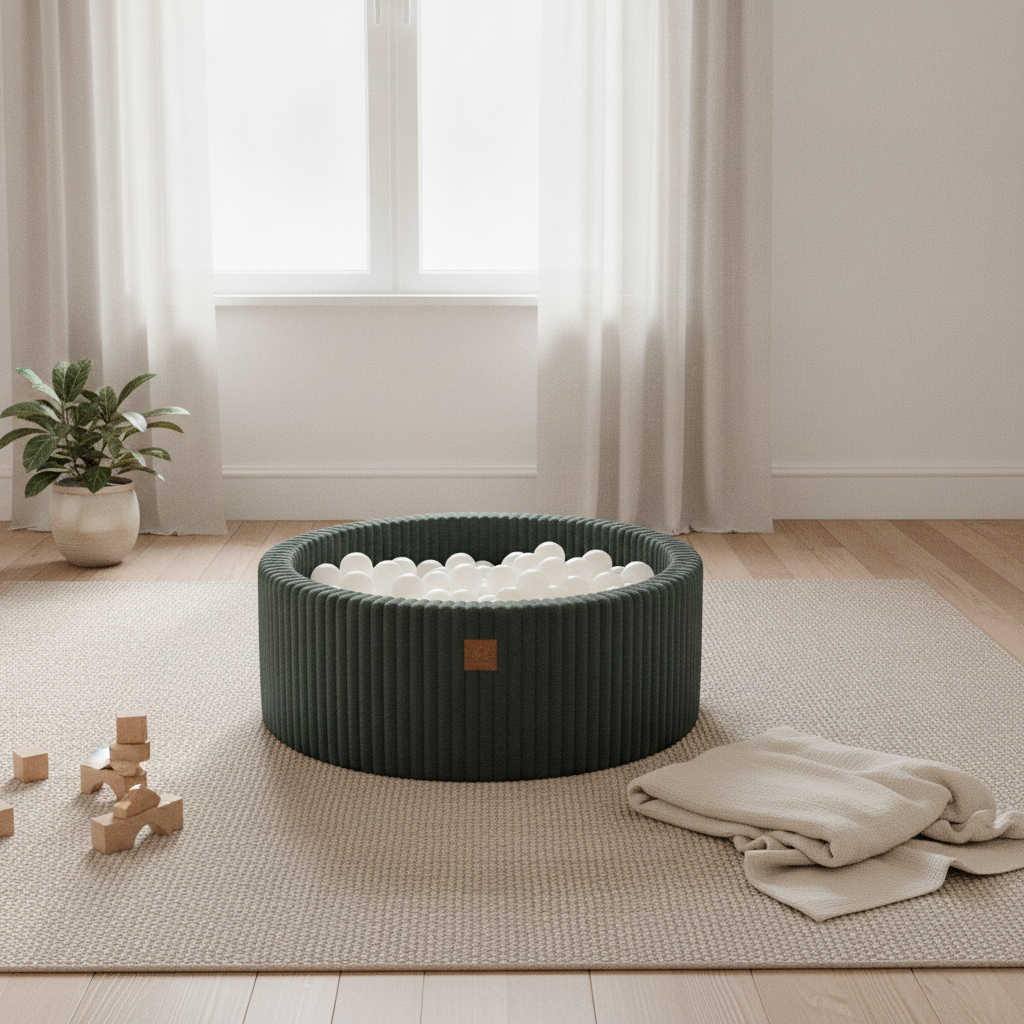 MeowBaby Pine Forest Green Churros round ball pit styled in a real home setting