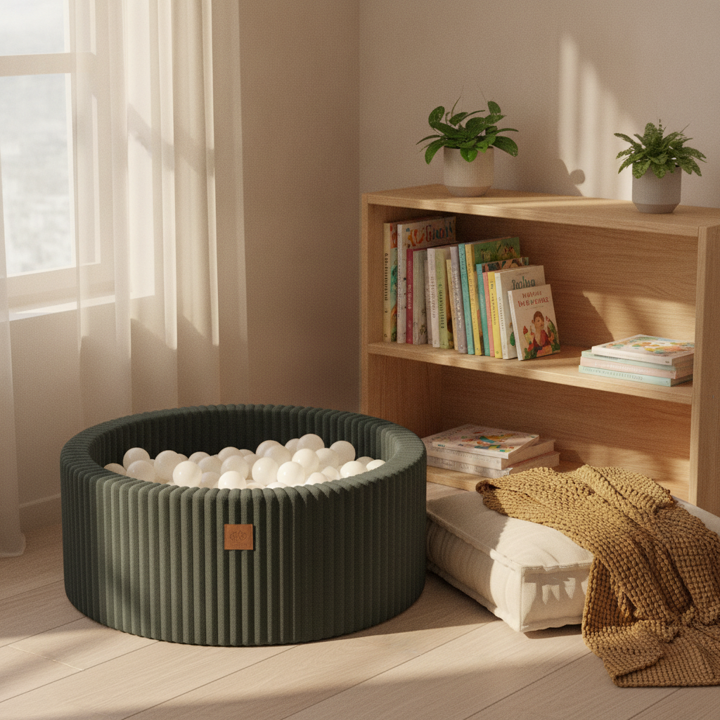 MeowBaby Pine Forest Green Churros round ball pit styled in a real home setting
