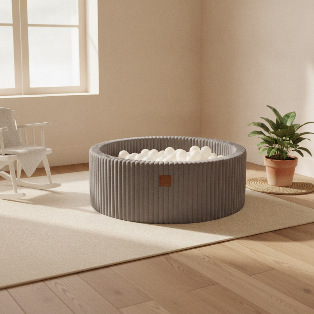 MeowBaby Jurassic Grey Churros round ball pit in a Scandi nursery corner