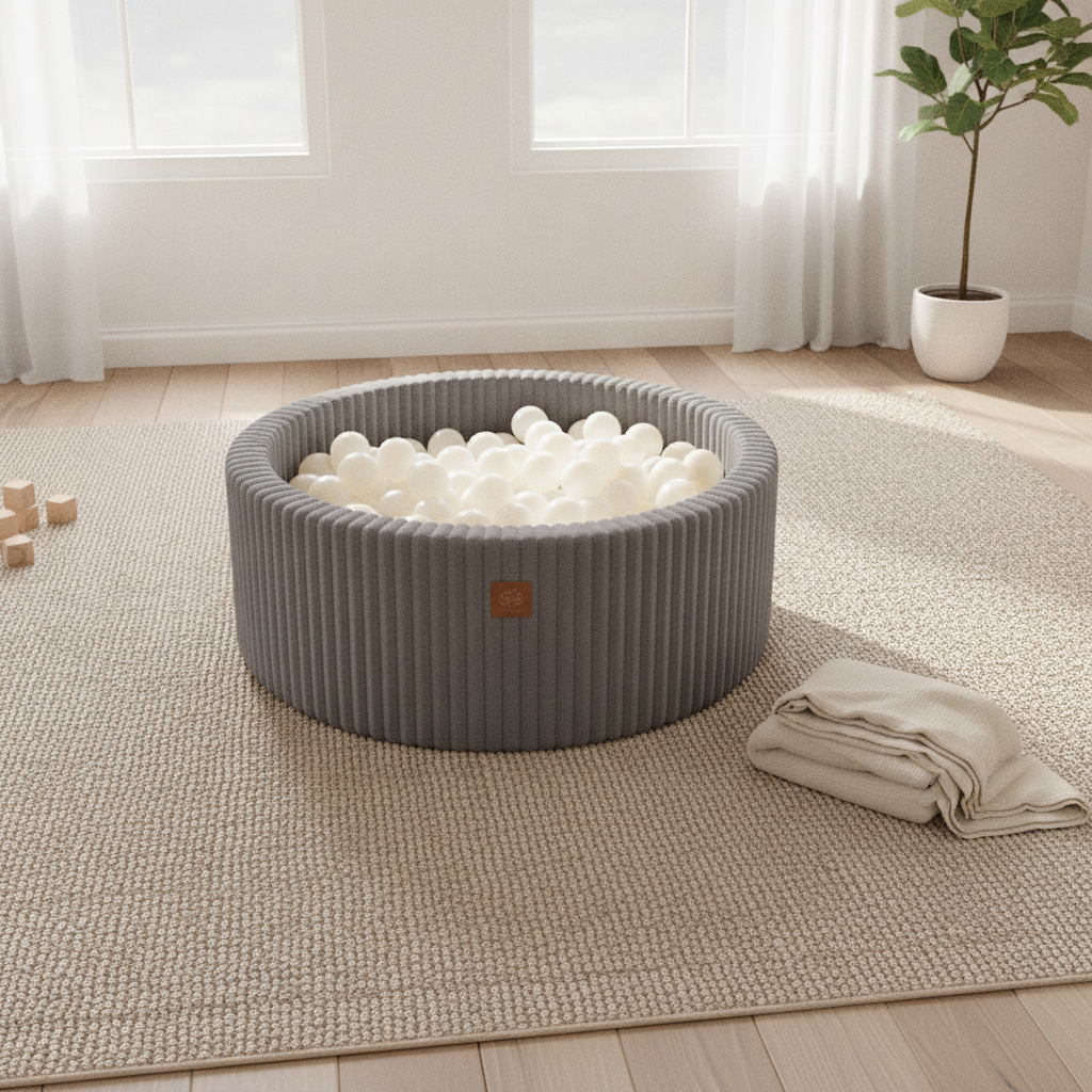 MeowBaby Jurassic Grey Churros round ball pit styled in a real home setting