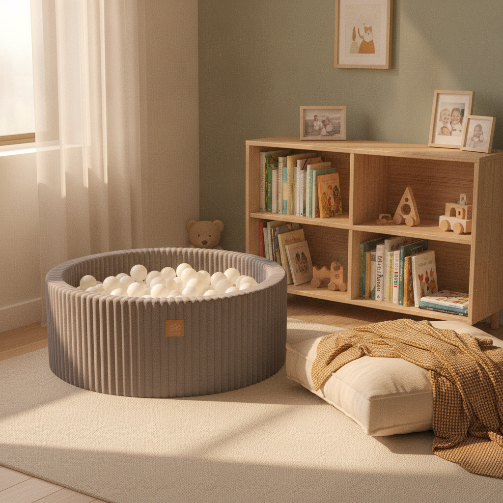 MeowBaby Jurassic Grey Churros round ball pit in a cosy reading nook