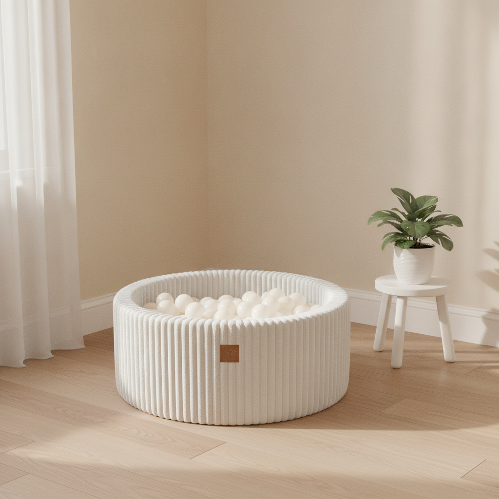 MeowBaby Cotton Candy White Churros round ball pit styled in a real home setting