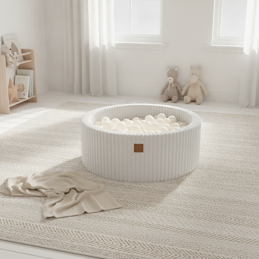 MeowBaby Cotton Candy White Churros round ball pit styled in a real home setting