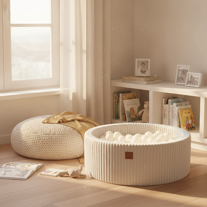 MeowBaby Cotton Candy White Churros round ball pit in a cosy reading nook