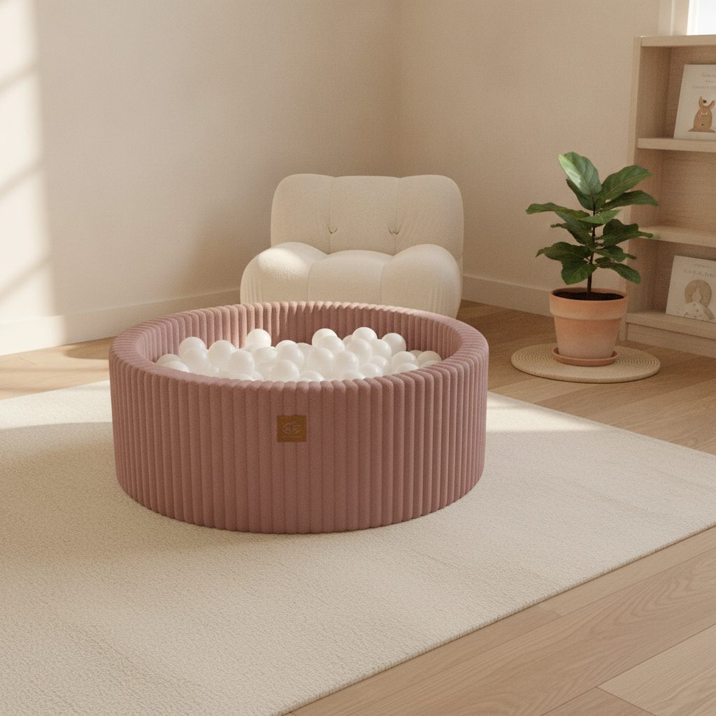 MeowBaby Ruby Chocolate Pink Churros round ball pit styled in a real home setting