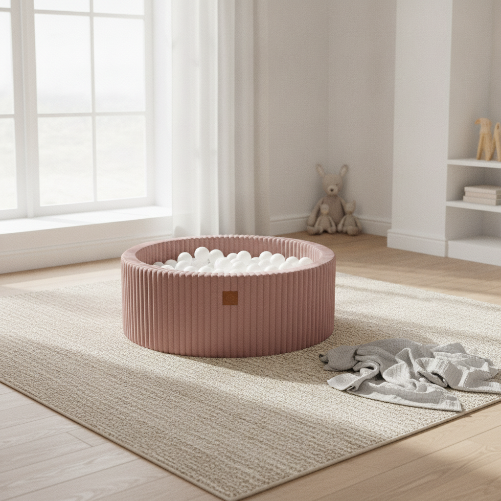 MeowBaby Ruby Chocolate Pink Churros round ball pit styled in a real home setting